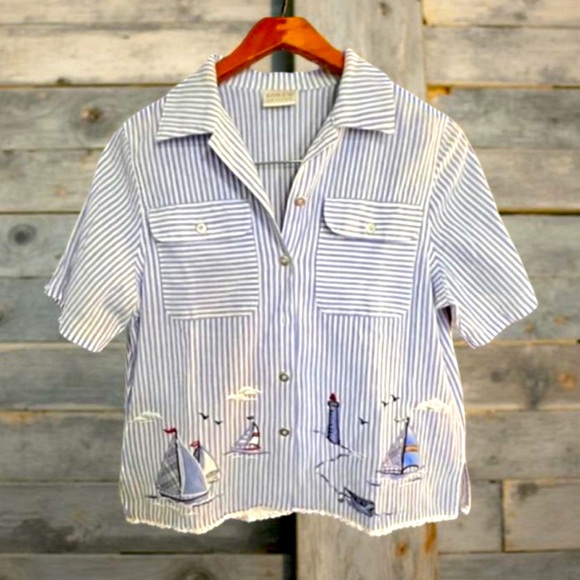 Koret Nautical shirt with embroidery & white lace Small - Picture 1 of 10